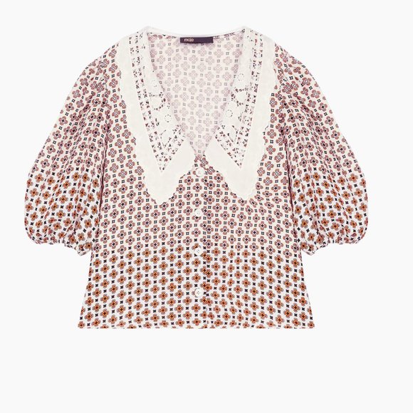 Maje Cosange Guipure Lace-Trimmed Printed Linen Blouse - Picture 2 of 16